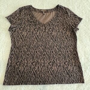 Animal Print Pima Cotton Modal Stretch Blouse Brown Short Sleeve Top XL